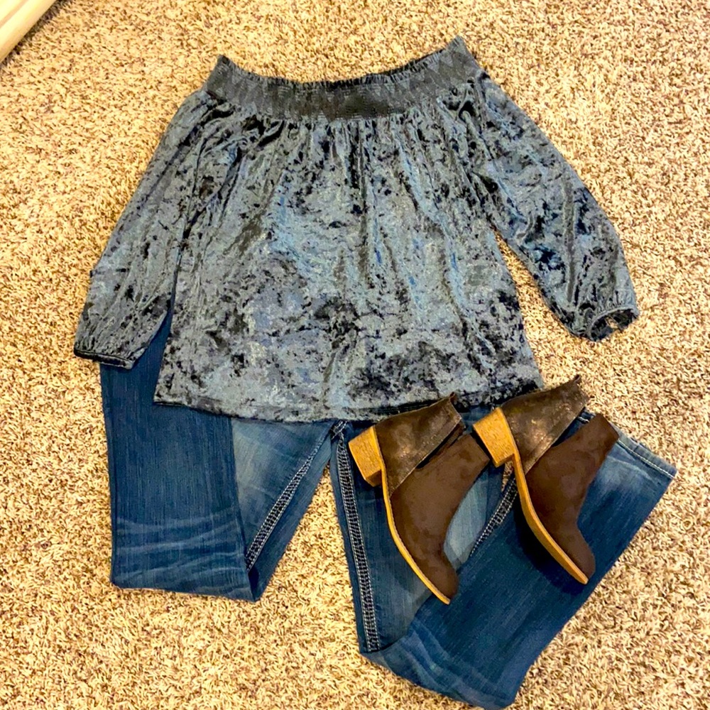 Off the Shoulder Velvet Blue/Gray Lucky Brand Top